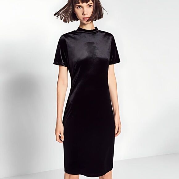 Like New Zara Womens Black Velour Mock Neck Midi Bodycon Dress - Picture 1 of 9